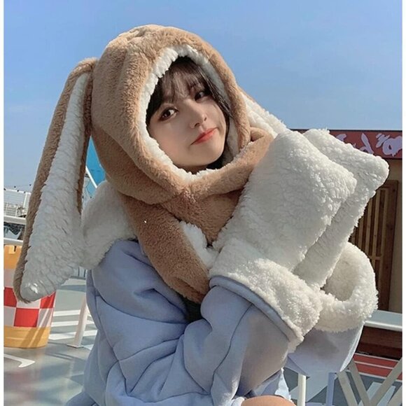 Women Black Cute Rabbit Ear Plush Beanie Cap Outdoor Fluffy Bunny Hat Scarf